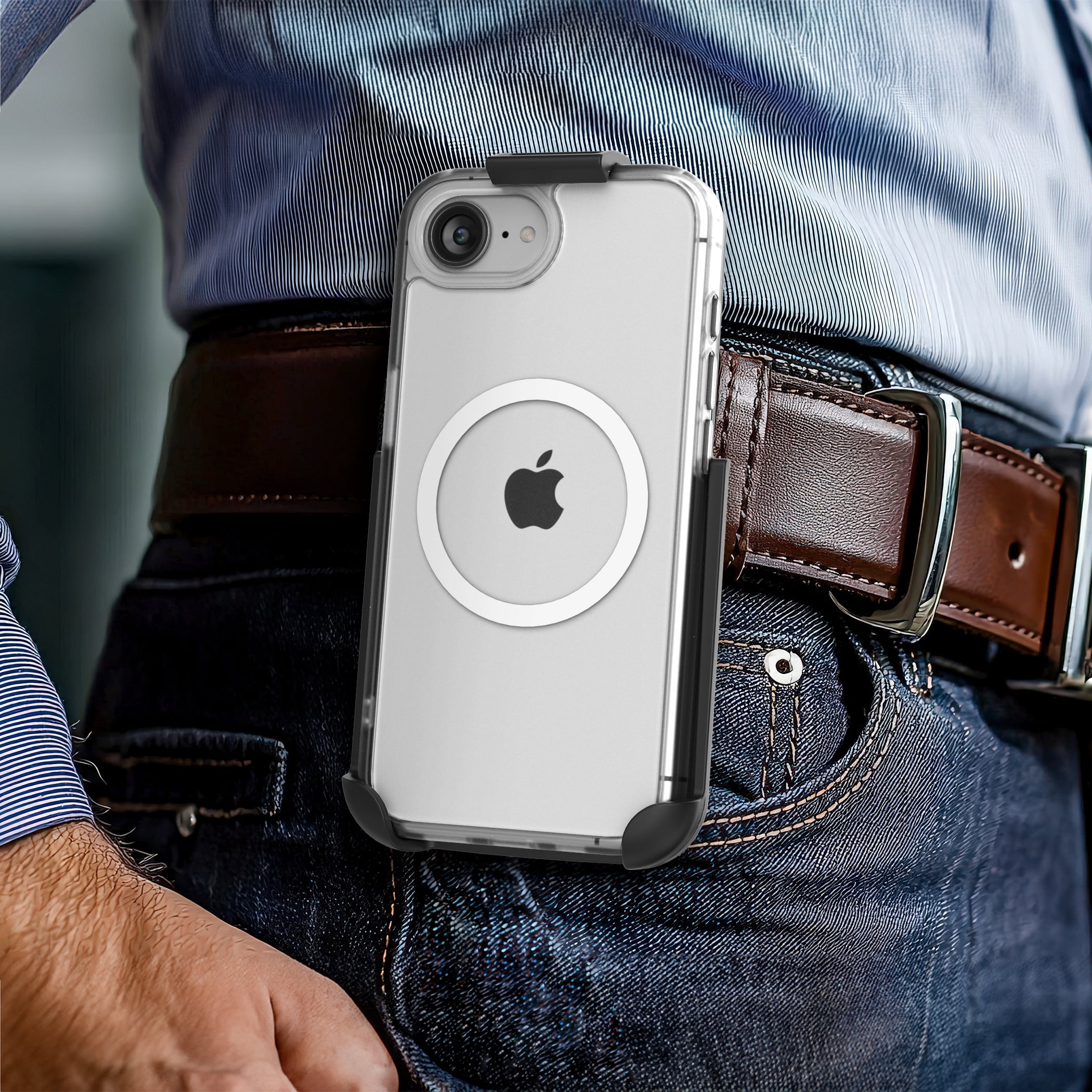 Encased Belt Clip Case for iPhone 16e with Phone Holster, (2025) Compatible with MagSafe (Crystal Clear)