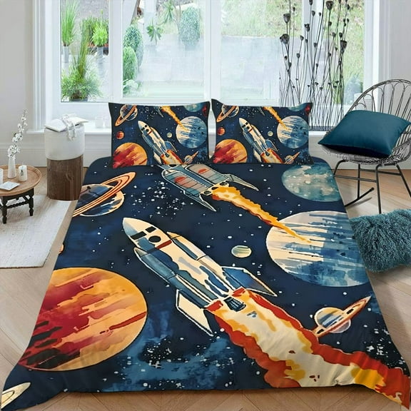 PRATYUS Rocket Planets Space 3-Piece Bedding Set (Single-Sided Print) Comfortable and Breathable Peach Skin Fabric Bedroom Guest Room 87x68in