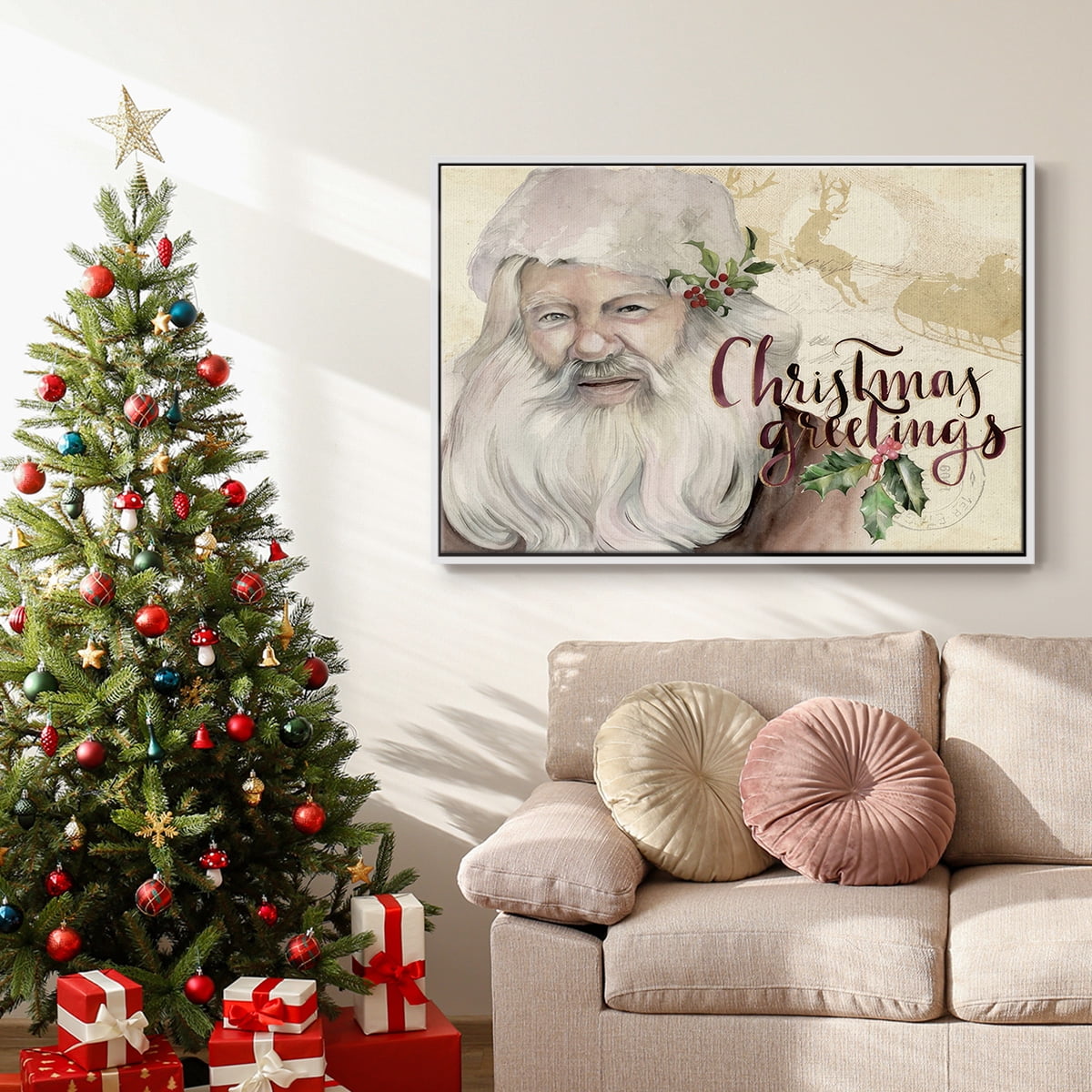 Christmas Greetings Collection A - Framed Gallery Wrapped Holiday Canvas - 17 x 25 - White Frame