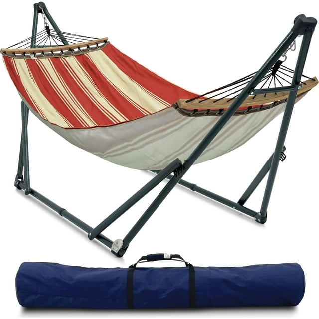 Tranquillo Hamac Universel avec Supports en Acier Enduit Électrostatique, Support de Hamac Réglable et Pliable avec Filet en Polyester à 2 Couches et Sac de Transport pour 2 Personnes. Toile - Feuille d'Érable