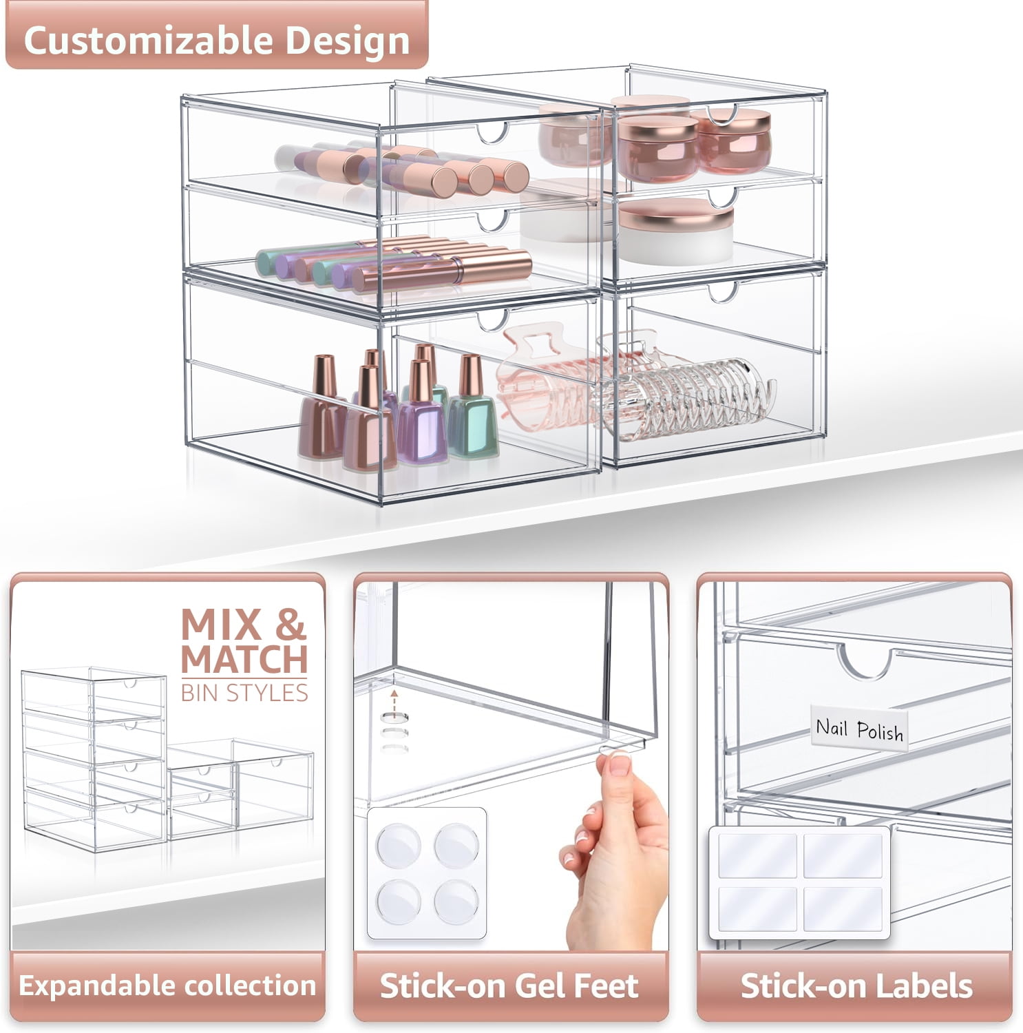Sorbus 2-Piece Clear Acrylic Makeup Organizer with 3 Drawers (2 Pack), Stackable Storage Bins