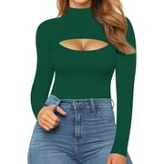 SMZ Mock Neck Cutout Front Top Long Sleeve Bodysuits for Women Cutout Bodysuit Piece Bodysuit