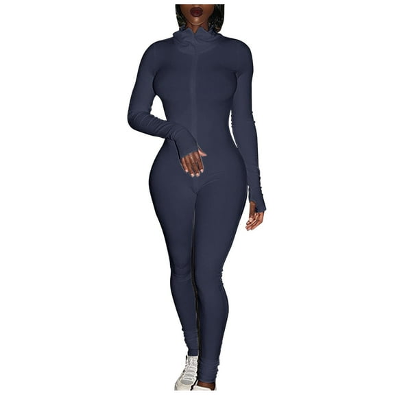 Jumpsuit Women Sport Yoga Workout Ribbed Zipper Long Sleeve Embroidery Sport Jumpsuits,Black Women'S Polyester Jumpsuit M