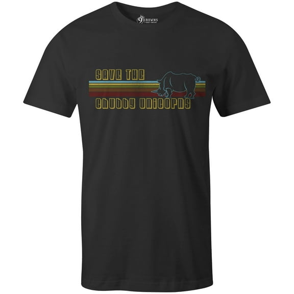 9 Crowns Tees Save The Chubby Unicorns 70s Funny T-Shirt (Rhino Mens Black, 3X-Large)