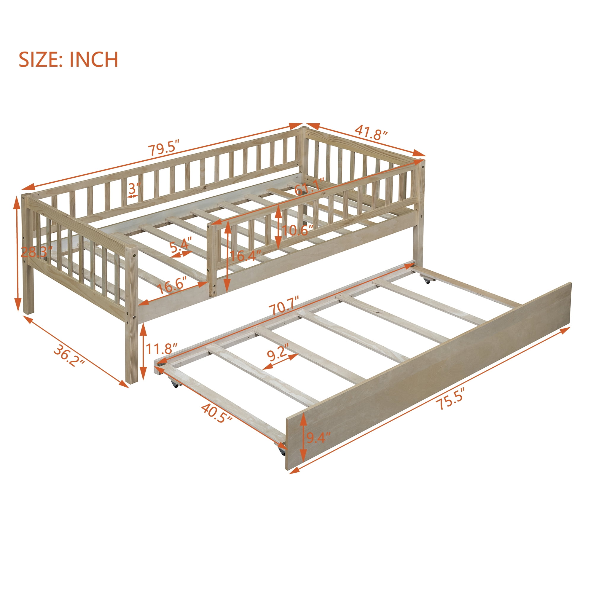 Holaki Twin Size Wood Bed with Trundle and Guardrails for Kids, Natural