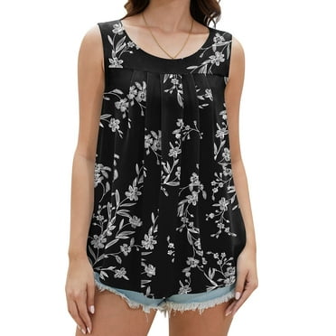 Uvplove Womens Summer Tank Tops Sleeveless Chiffon Blouse Loose Round Neck Casual Shirts,Black Leaves,2XL