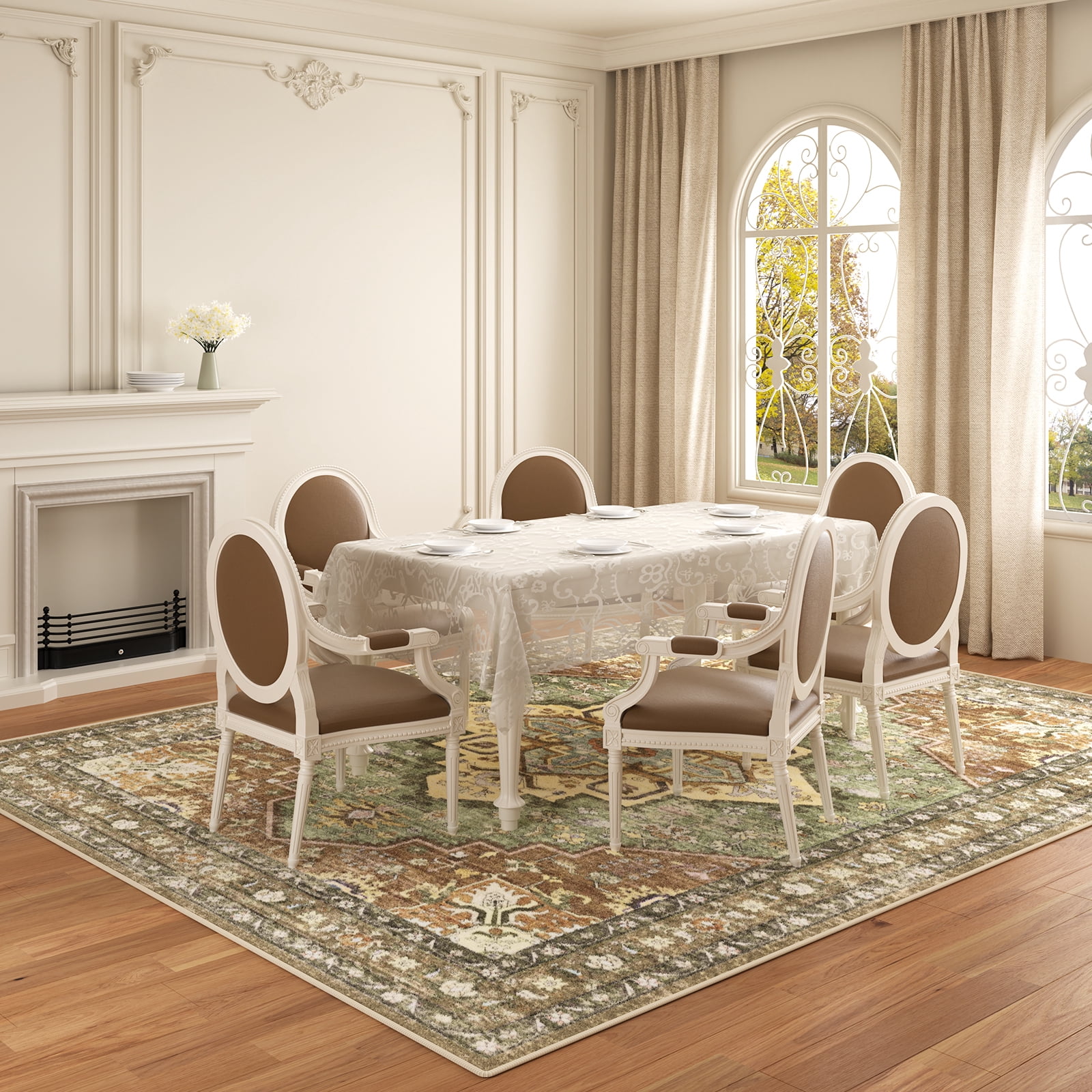 Washable Area Rug for Living Room, Curtilage 8'x10' Floral Vintage Green Indoor Rug, Low Pile & Stain Resistant Carpet for Bedroom, Office
