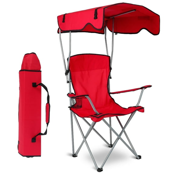 Folding Camping Chair with Canopy Shade 600D Oxford Portable Camping Chair with Cup Holder Support 330lbs Red