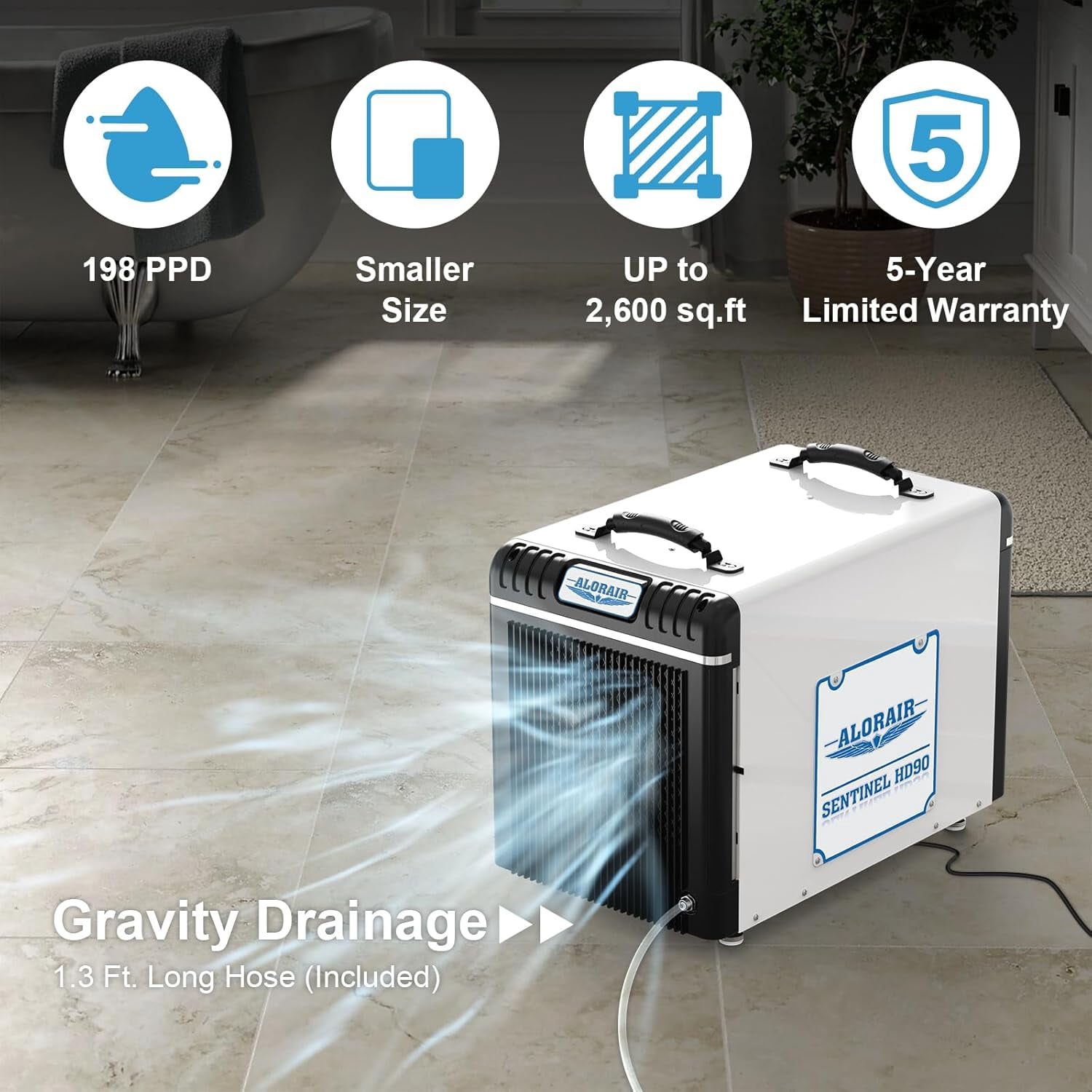 ALORAIR Basement/Crawl Space Dehumidifiers 198 Pint (Saturation), 90 PPD (AHAM), Listed, Auto Defrosting System, Commercial Dehumidifier