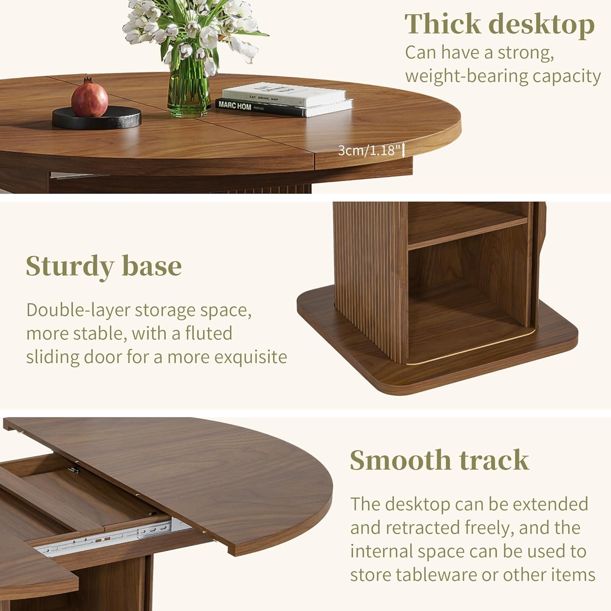 59 Inch Extendable Round Dining Table for 4-6, Kitchen Dining Table with Storage Shelf for Home Living Room, Walnut