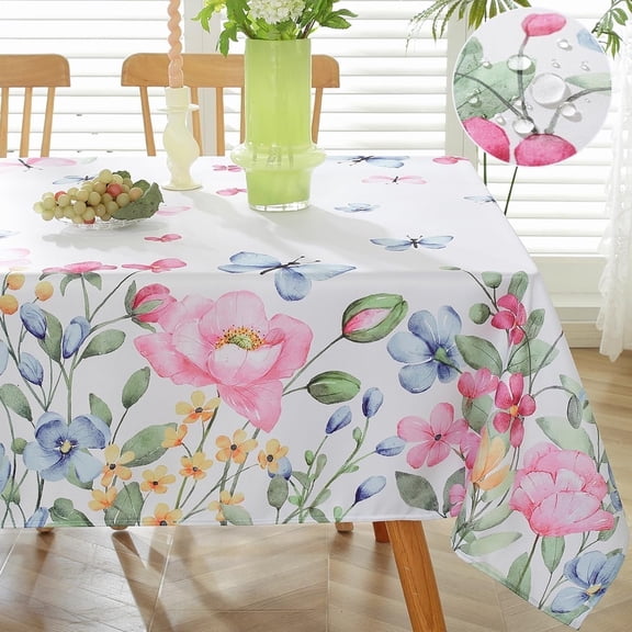 Spring Summer Floral Tablecloth Rectangle Watercolor Wild Flower Butterfly Table Cloth, Spill Proof Fabric Table Cover for Dining, Party, Patio, Indoor, Outdoor, Pink
