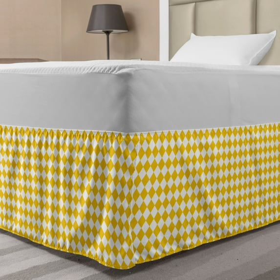 Yellow and White Bed Skirt, Diagonal Checkered Old Fashioned Retro Style Grid Mosaic Pattern, Elastic Bedskirt Dust Ruffle Wrap Around for Bedding Decor, 4 Sizes, Yellow and White, by Ambesonne