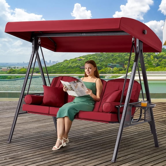 Mvpipi 3-Seat Patio Swing with Adjustable Canopy, 3-in-1 Convertible Design, Thickened Cushions, Pillows & Cup Holders (Red)