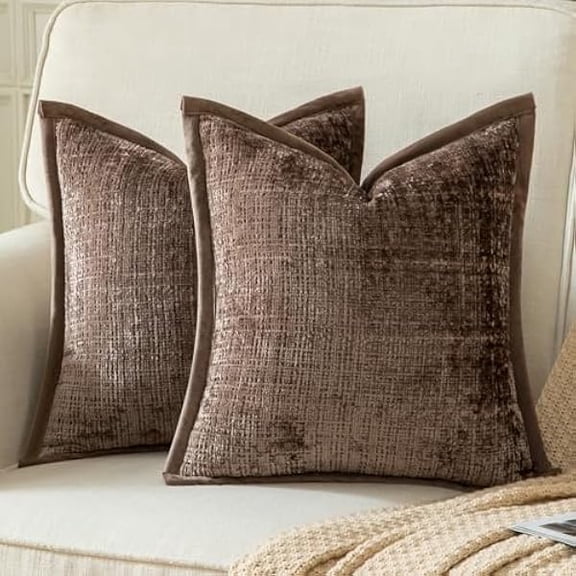 Eryueer Pack of 2 Chenille Textured Decorative Cushion Covers Accent Solid Throw Pillow Covers Soft Cozy Pillow Case with Velvet Back for Couch Sofa Bed Living Room 16x16 Inch 40x40cm Brown