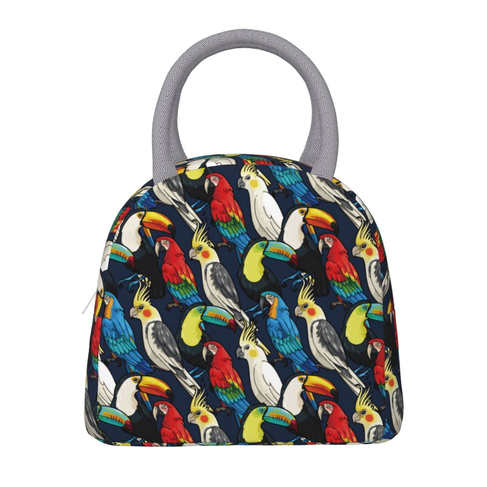 Horeoi Parrot Pattern Large Insulated Lunch Bag for Work, School, Picnic - Waterproof, Durable Oxford Cloth, Comfortable Handle-Light Grey