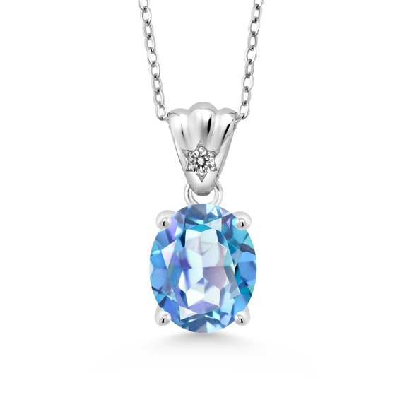 Gem Stone King 3.63 Ct Millennium Blue Mystic Quartz White Diamond 925 Sterling Silver Pendant