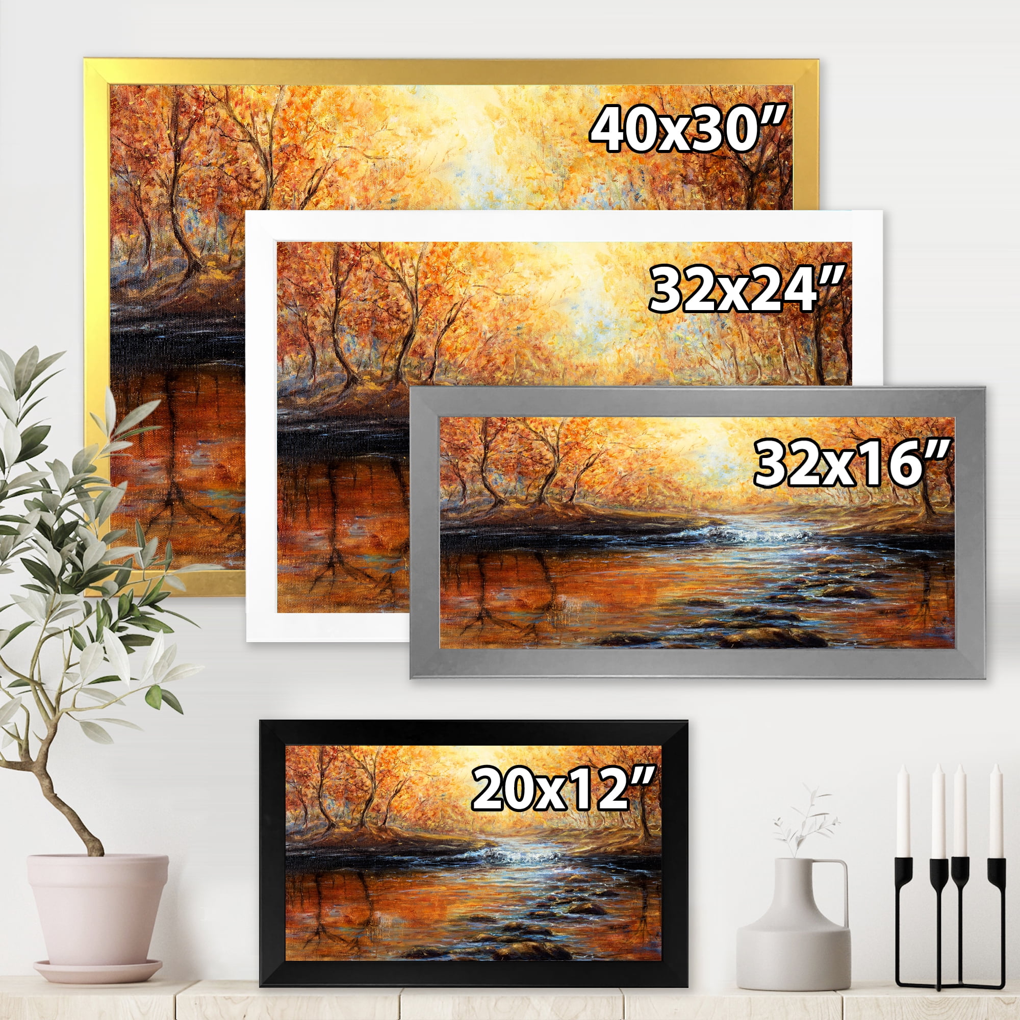 Designart 'Sunrise Glow In The Autumn Forest' Lake House Framed Art Print