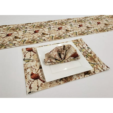 

Birds & Berries Placemat Table Runner Cloth Napkins Set by Penny s Needful Things (6 Napkins & 6 Placemats) (8 Feet Long Table Runner) (Black)