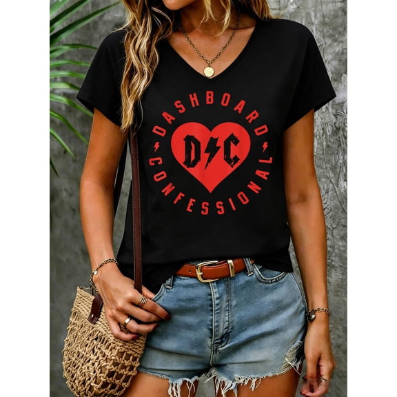 Dashboard Confessional - Heart Badge V Neck T-Shirt Cotton Women's V Neck Graphic Tee, Casual Short Sleeve Shirt,Vacation Outfit