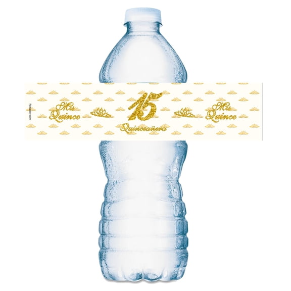 20 Quinceanera Water Bottle Labels, Mis Quince Waterproof Water Bottle Wrappers, Stickers for 15 Birthday Party Decorations (Gold)