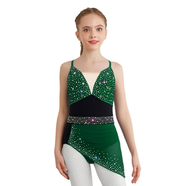 CHICTRY Robe de Patinage Artistique pour Filles, Bretelles Spaghetti, Jupe de Ballet, Vert Foncé 12