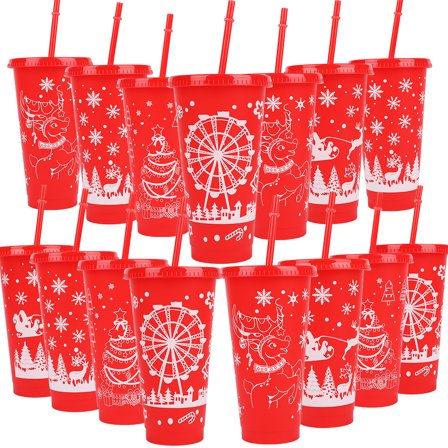 20 Pack Christmas Plastic Water Cup With Lid, Straw Cup, Party Cup - 24oz Reusable Plastic Drink Cup With Santa Claus
