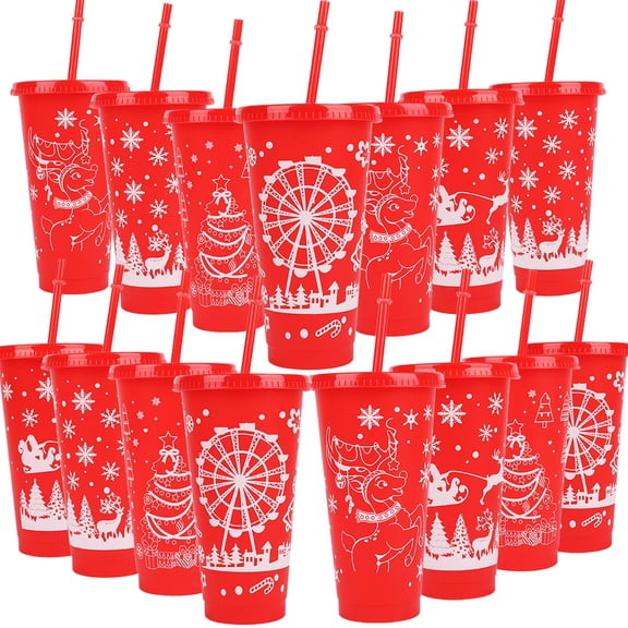 20 Pack Christmas Plastic Water Cup With Lid, Straw Cup, Party Cup - 24oz Reusable Plastic Drink Cup With Santa Claus