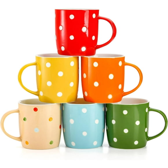 GFDYREE 6 Pack Ceramic Coffee Mugs, 12 Oz Polka Dot Coffee Mugs Colorful Porcelain Mug Set for Coffee, Tea, Milk, Hot Chocolate