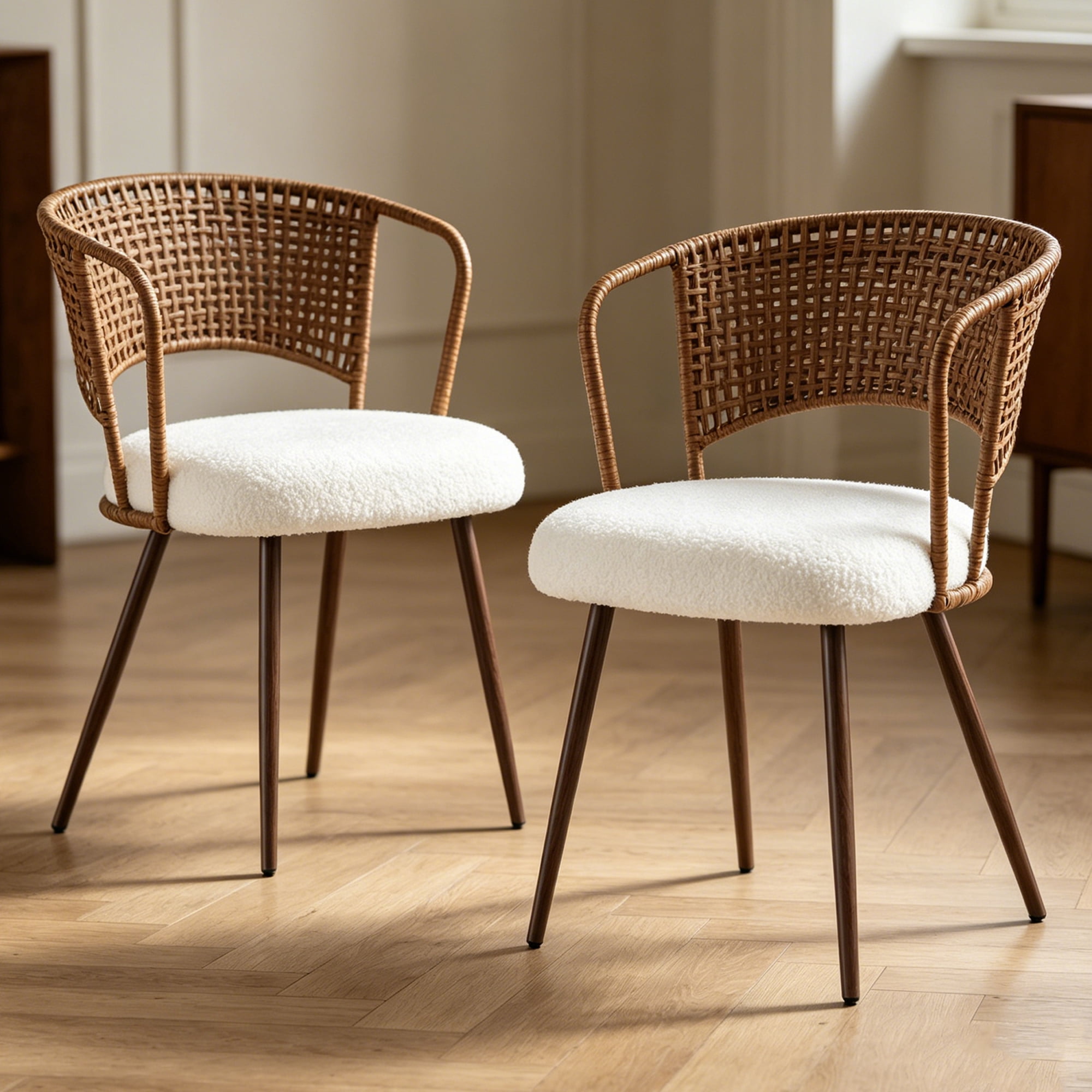 Leumius Set of 2 Wicker Dining Chairs, Farmhouse Soft Cushioned Cane Back Kitchen Chair, Sponge Cushion, Wing-Back Dining Chair with Metal Legs for Home and Kitchen (Dark Walnut)