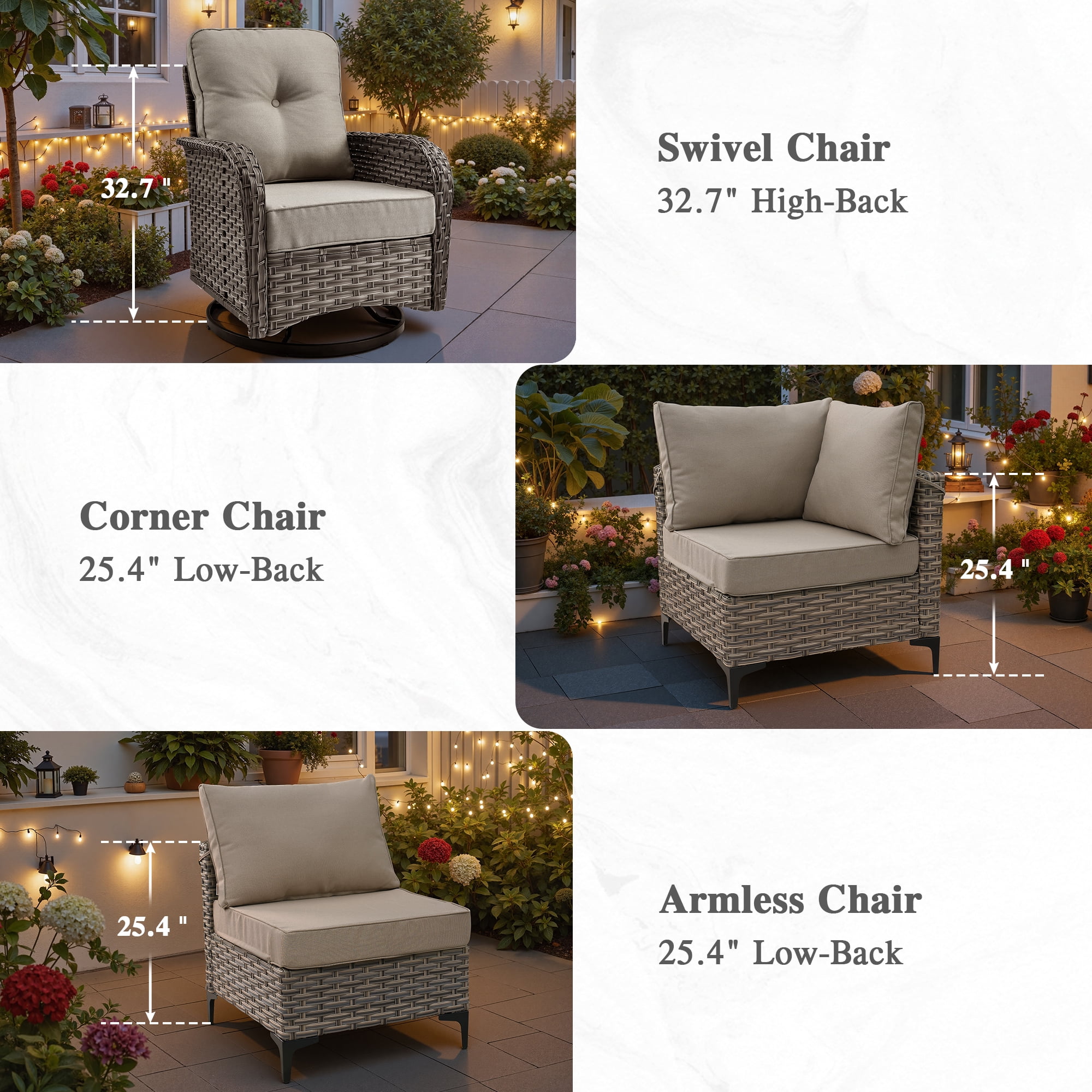 Ovios 10 Pieces Outdoor Patio Furniture All-Weather Wicker Sectional Conversation Set with Swivel Chairs & Solar Coffee Table, Beige