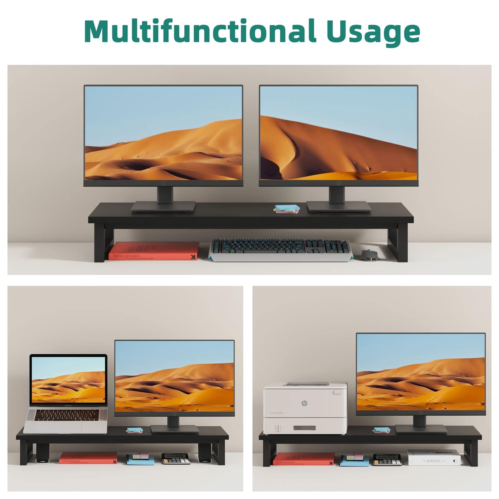 38.6-Inch Wide Monitor Stand Riser with 100 lbs Capacity, Sturdy Wooden Desk Organizer Shelf for Dual Monitors, Laptop, Printer - Home Office & Living Room