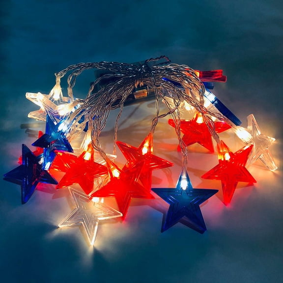 Taicans LED 4th of July Decor Star Fairy Lights,Red White Blue Star String Lights,10 ft LED Fairy Lights Battery Operated Indoor&Outdoor Star Lights for Independence Day President Day Memorial Day