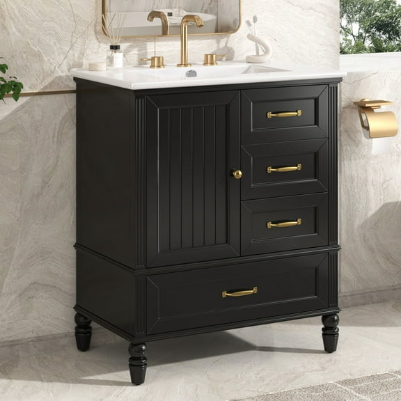 Ember Modern Bathroom Vanity with Ceramic Sink, Cabinet, Drawers, Solid Wood Legs, Black Gold