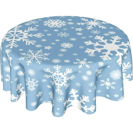 

Winter White Snow Tablecloth Round 60 Inch Christmas Snowflake Blue Polyester Circle Table Cloth Wrinkle Stain Resistant Washable Table Cover for Kitchen Room Party Picnic