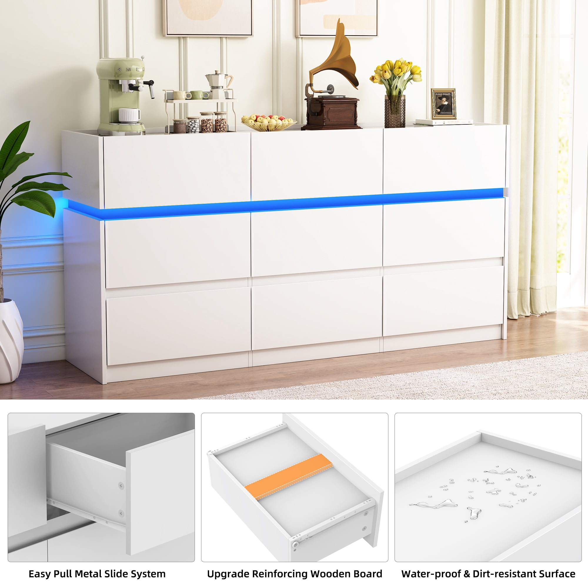 HAUXITIO 9 Drawer Dresser Chest with Charging Station and LED Lights for Bedroom, Modern TV Stand Cabinet, White