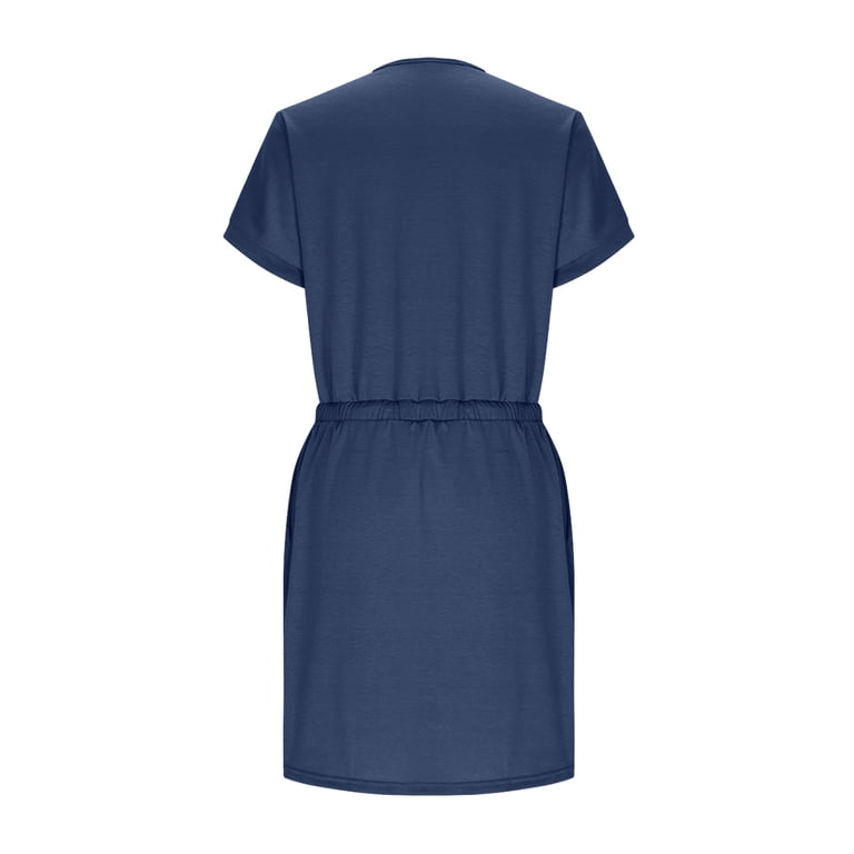 Frsasu Summer Dresses for Women V-Neck T Shirt Casual Mini Dresses Tie Waist Sundresses with Pockets Navy