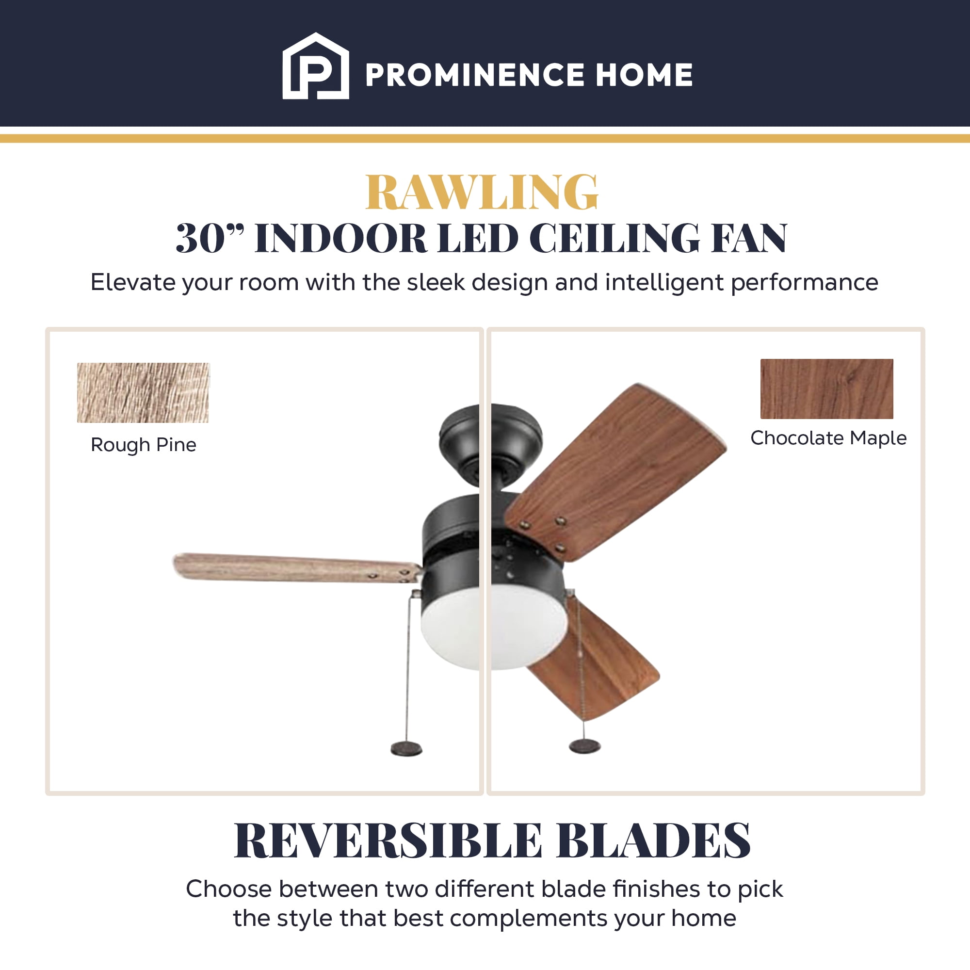 Prominence Home Rawling 30 Inch Indoor LED Ceiling Fan with Light and Pull Chain, Bronze