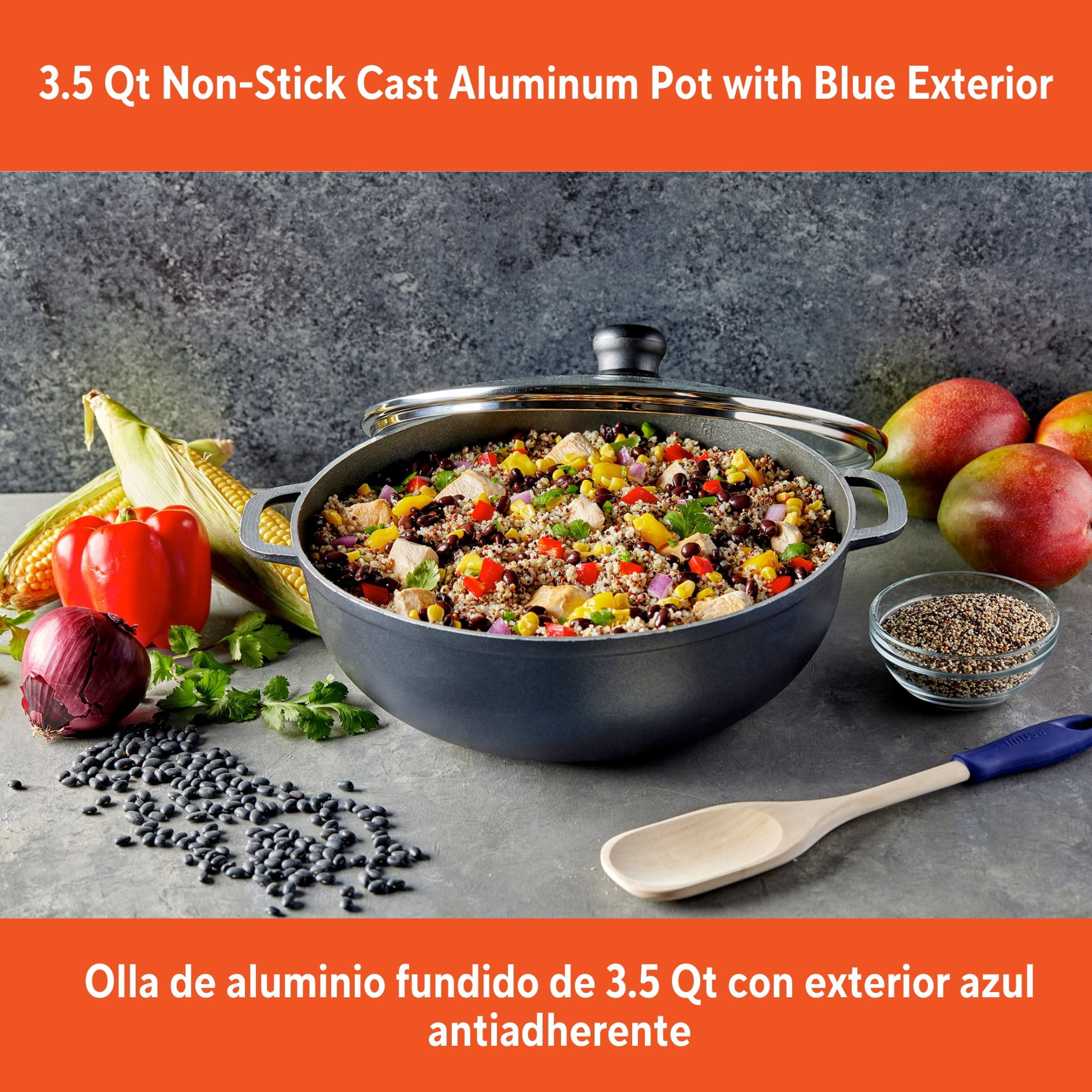 IMUSA 3.5qt Cast Aluminum Nonstick Caldero with Glass Lid, Blue - 24cm