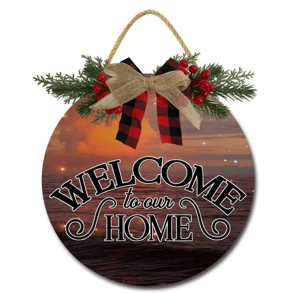 Eveokoki 12" Rustic Wood Welcome to Our Home Home Farmhouse Porch Décor Wooden Hanging Sign with Artificial Leaves and Rustic Beads,Christmas Classroom,Porch Decoration