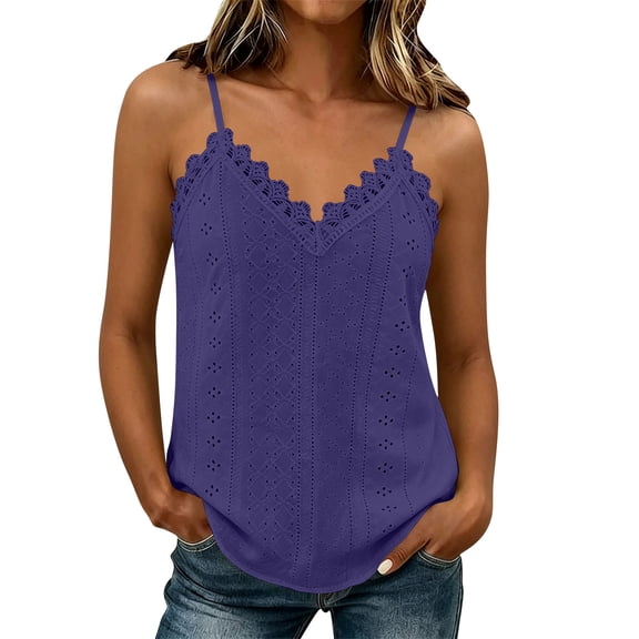Women's Eyelets Camisole Lace Trim Loose V Neck Spaghetti Straps Tank Tops Sleeveless Summer Going Out Blouse Shirts
