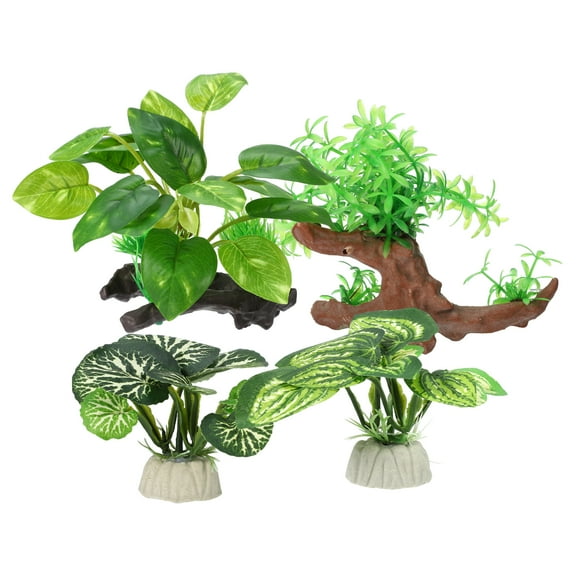 Unique Bargains 1 Set Aquarium Plastic Plants Driftwood Betta Silk Plants Silk Aquarium Plants for Betta Fish Green 4pcs