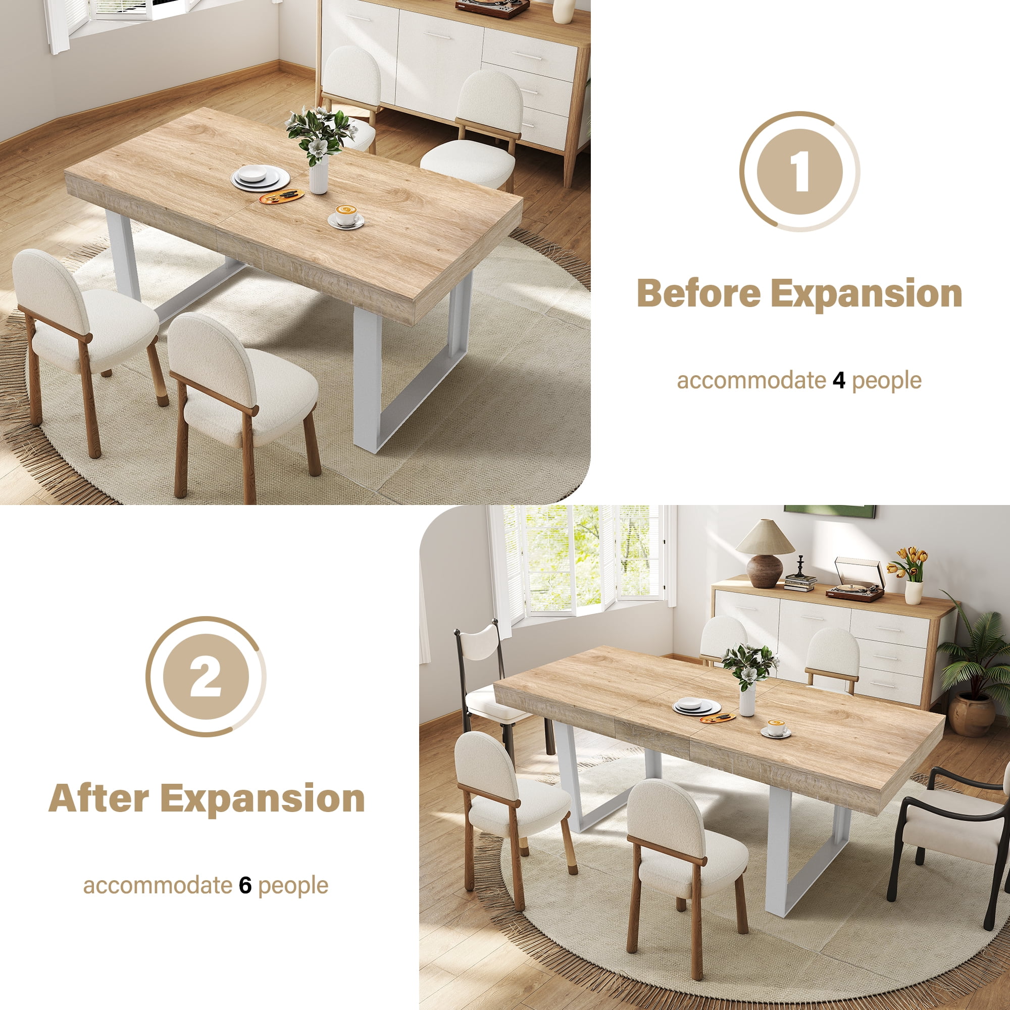 Aukfa Extendable Dining Room Table for 6-10,Farmhouse Large Rectangular Kitchen Table,White Oak