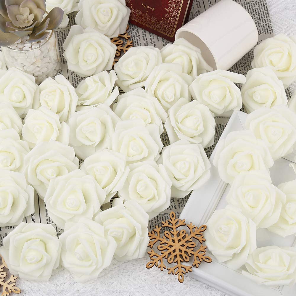 100PCS 2.8" Fake Flowers Artificial Roses for Bouquet Wedding Table Centerpieces 