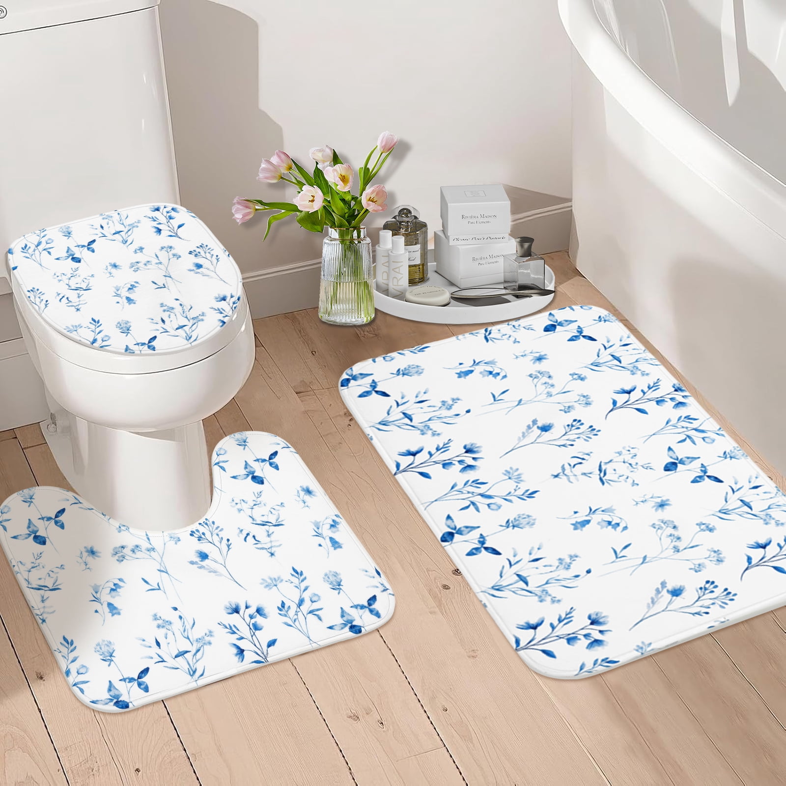 FRAMICS 16-Piece Watercolor Floral Shower Curtain Sets with Rugs, Blue Botanical Bathroom Sets, Waterproof Fabric Bathroom Curtain Decor with Hooks