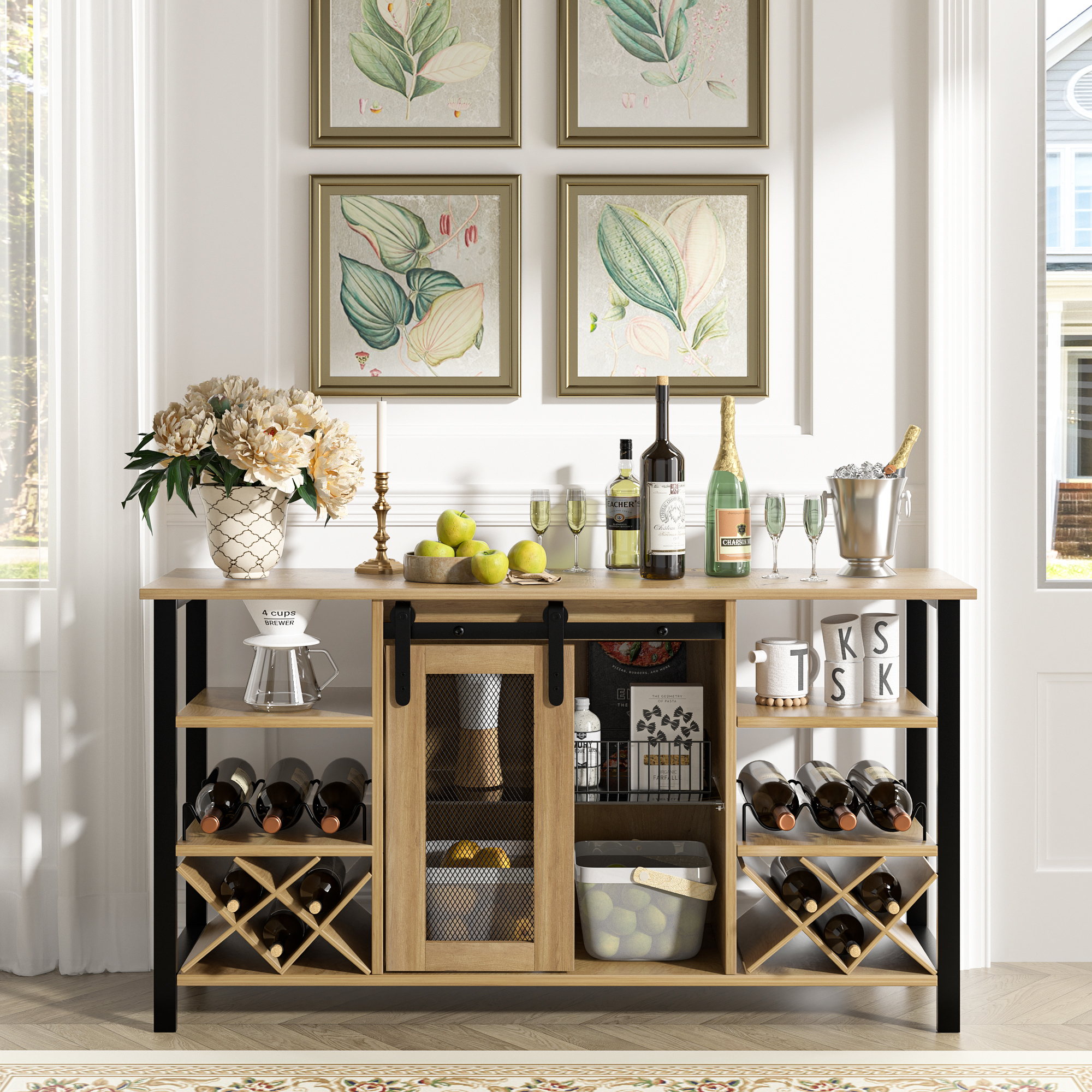 Wine Bar Bar Table with Wine Rack, Industrial Sideboard Buffet