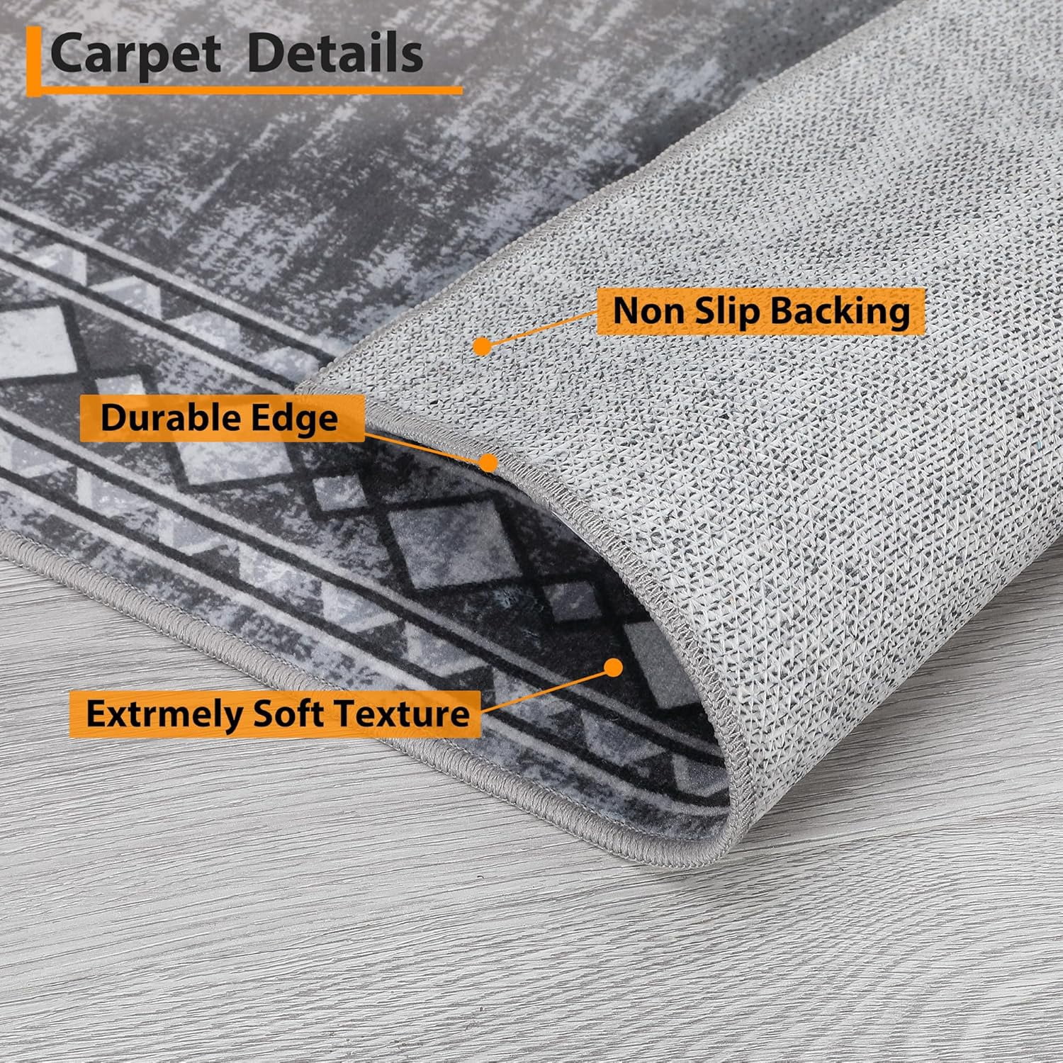 Runner for Hallway 2x6 Washable Kitchen Rug Non Slip Vintage Farmhouse Soft Grey Low Pile for Living Room Bedroom Decor Nursery