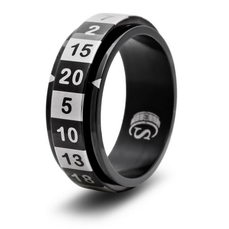 CritSuccess d20 Dice Ring with 20 Sided Die Spinner (Size 19 - Stainless Steel - Black)