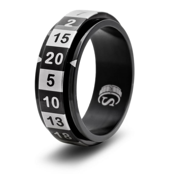 CritSuccess d20 Dice Ring with 20 Sided Die Spinner (Size 14 - Stainless Steel - Black)