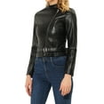 thumbnail image 3 of INSPIRE CHIC Women's Faux Leather Stand Collar Belted Cropped Biker Jacket M Black, 3 of 5