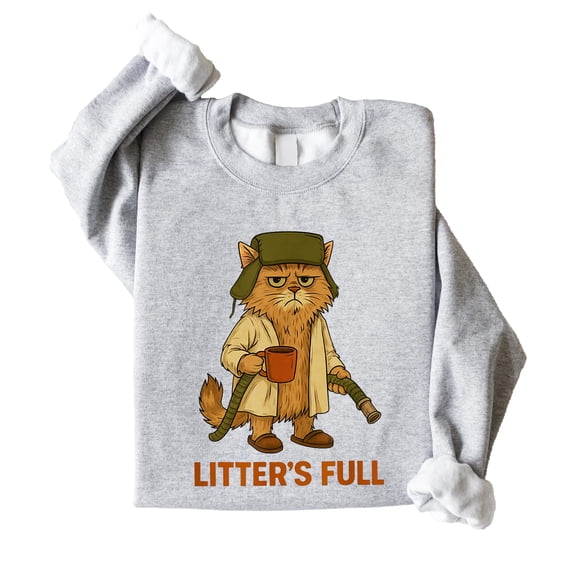 Litter's Full Funny Christmas Unisex Sweatshirt Holiday Cat Graphic Sweater for Women & Men Gray Sweatshirt Adult Small